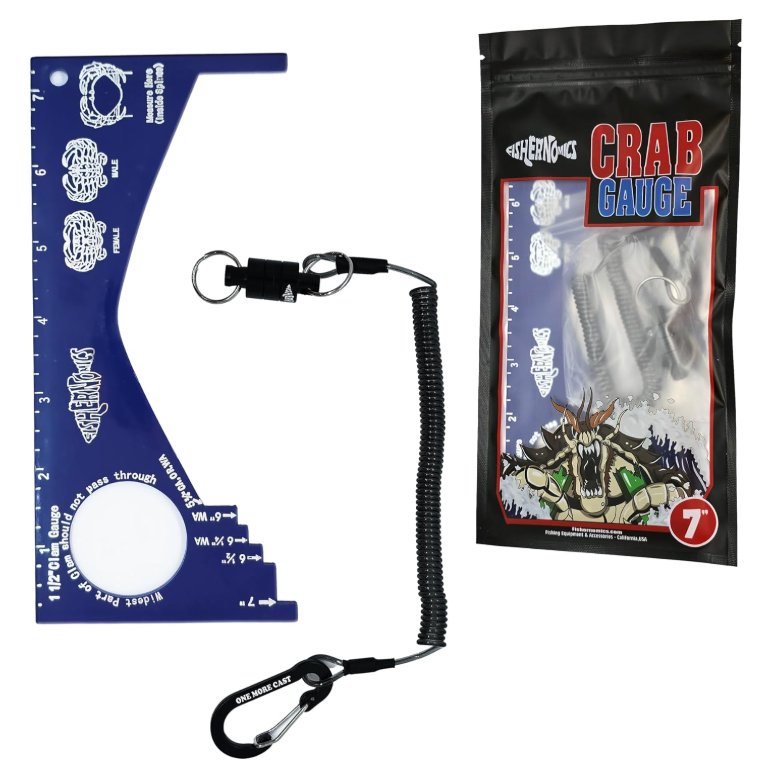 Crab Gauge - Blue & Silver Crab Ruler with Strong Magnetic Clip Holder and Retractable Coiled Lanyard Carabiner