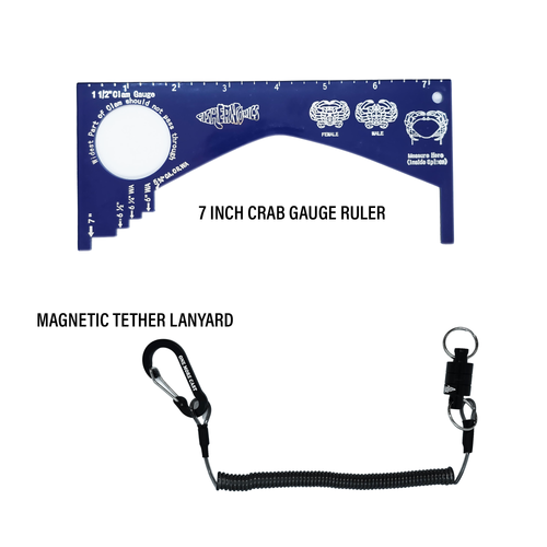 Crab Gauge - Blue & Silver Crab Ruler with Strong Magnetic Clip Holder and Retractable Coiled Lanyard Carabiner