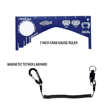 Load image into Gallery viewer, Crab Gauge - Blue &amp; Silver Crab Ruler with Strong Magnetic Clip Holder and Retractable Coiled Lanyard Carabiner
