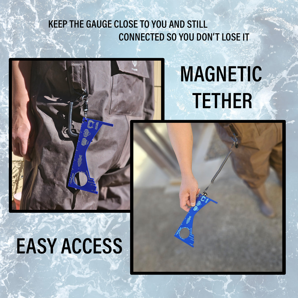 Crab Gauge - Blue & Silver Crab Ruler with Strong Magnetic Clip Holder and Retractable Coiled Lanyard Carabiner