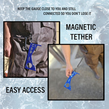 Load image into Gallery viewer, Crab Gauge - Blue &amp; Silver Crab Ruler with Strong Magnetic Clip Holder and Retractable Coiled Lanyard Carabiner